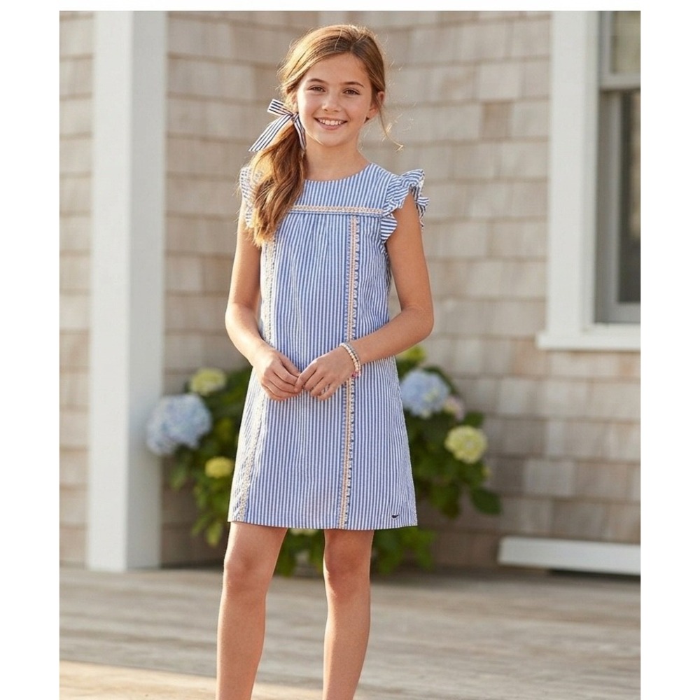 Vineyard Vines Dress Girls 12 Blue White Seersucker Embroidered Coastal Preppy
